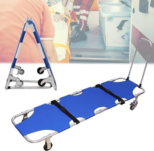 Folding Medical Stretcher with 4-Wheel Trolley, Lightweight Aluminum for Easy Patient Transport in Hospitals, Ambulances, Fire Services