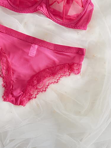 Cozyease Women's 2 Piece Contrast Lace Underwire Lingerie Set Mid Rise Sheer Plain Lingerie Set Hot Pink L #TOP3