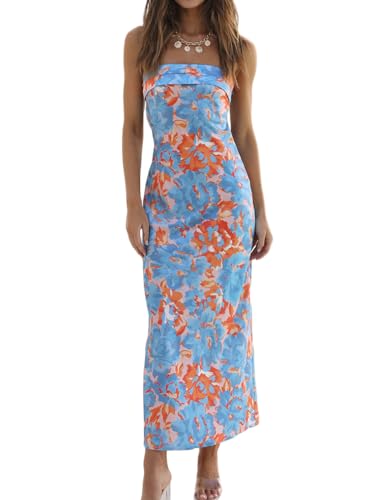 Realtix Summer Satin Print Backless Tube Tops Maxi Dress for Women Low Back...