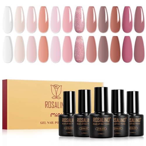 ROSALIND Esmaltes Semipermanentes,12 Color Jelly Transparente Nude Rosa Marrón Esmaltes Semipermanentes Para Uñas,Soak Off UV/LED Pintauñas Semipermanente Para Manicure