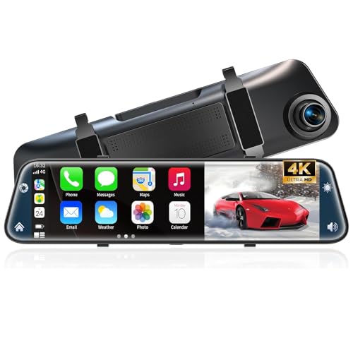 4K Rear View Mirror Camera with Carplay&Android Auto,12' Mirror Dash Cam Front and Rear with Voice Control for Cars&Trucks,Smart Touch Screen,64GB Card Included/Loop Record/Reverse Assist
