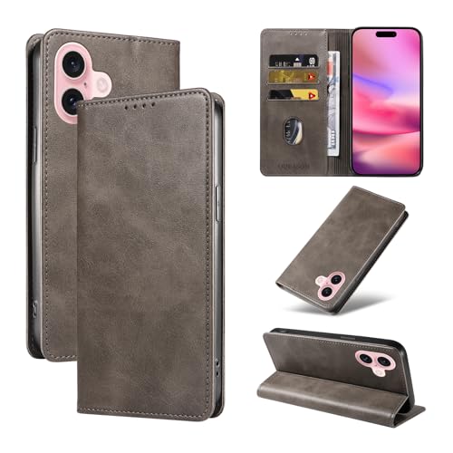 QUEASON【iPhone 16Plus 用】マグネット式 ケース 手帳型 スタンド機能 カード収納 耐衝撃 防塵(グレー)