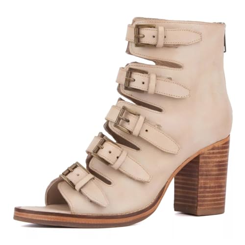 YDN Women's Peep Toe Ankle Boots with Multi Buckle Strap High Chunky Block Heels Back Zipper Fashion Casual Dressy Cutout Short Booties Shoes Size 4-16 US