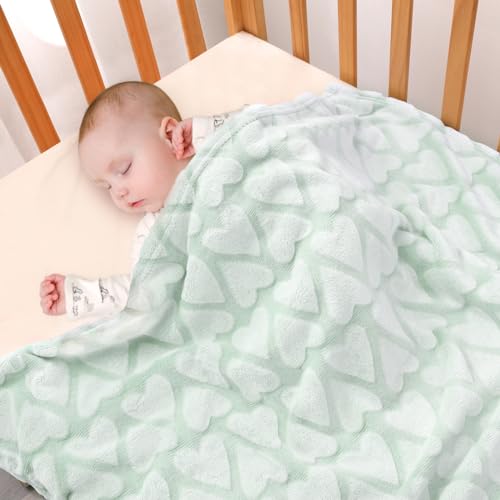 Image of Bertte Plush Baby Blanket for Boys Girls | Swaddle Receiving Blankets Super Soft Warm Lightweight Breathable for Infant Toddler Crib Stroller - 33"x43" Large, Green Hearts Embossed
