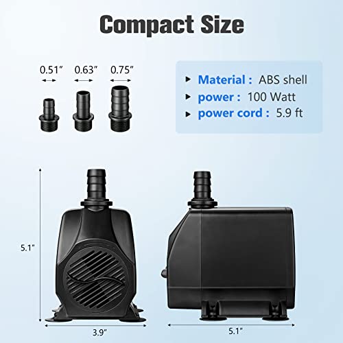 Kedsum KDF278-D08V045A 880Gph Submersible Water Pump(3500L/H, 100W), Ultra Quiet Water Pump With 11.3Ft High Lift, Fountain Pump With 5.9 Ft Power Cord, 3 Nozzles For Fish Tank, Pond, Aquarium thumb #2