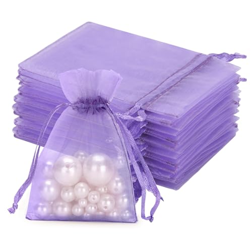 jijAcraft Lot de 50 petits sachets en organza violets - 7 x 9 cm - Sachets cadeaux avec cordon de serrage transparent - Sachets à bijoux pour mariage - À...