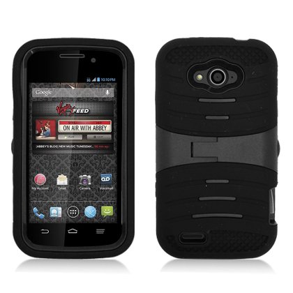 For ZTE Reef N810 (Virgin Mobile) Armor 3 in 1 w/Stand Black Skin+Black PC