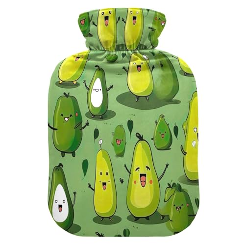 Avocado-Charakter auf grüner Heiß- und Kaltwasserflasche, Hot Pouch Schmerzlinderung, Kompression, Wärmflasche, abnehmbarer Bezug