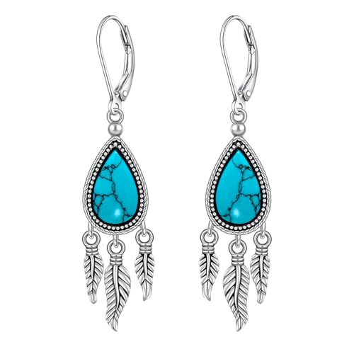 Boucles d'oreilles plume turquoise pendantes argent sterling véritable femme fermoir dormeuse