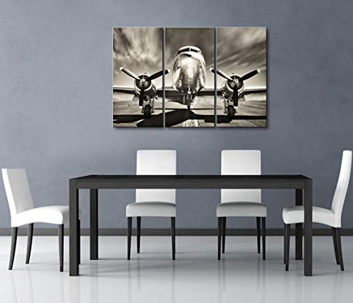 Klvos 3 Piece Airplane Wall Art Vintage Black And White Propeller Aircraft Picture For Boy Room Home Office Modern Home Decor Stretched And Framed Ready To Hang - 16"X32"X3Pcs #TOP2