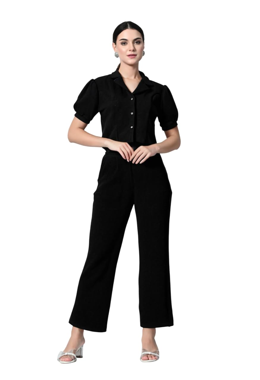 shahveer creation Women's Elegant Black Jumpsuit with Puff Sleeves, Collared Button-Down, Wide Leg Design-picture-52