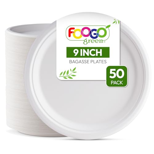 FOOGO Green 50pcs Disposable Sugarcane Bagasse Plates, 9 inch (23 cm), Large Round Strong Paper Plates, Eco Friendly Biodegradable Compostable, for Picnic, Parties