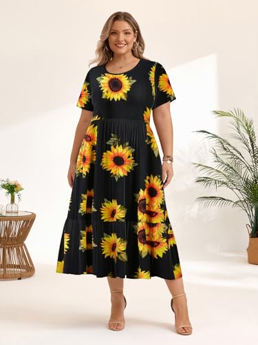 Image of LARACE Plus Size Dresses for Women Summer Casual Short Sleeve Long Dress Flowy Maxi Beach Dresses with Pockets L-6XL(Flower35 6X)