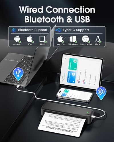 Thermodrucker A4,Mobiler Drucker A4 für Unterwegs,Tragbarer Drucker M833 für Büro, Schule, Zuhause Kompatibel mit Smartphones und Computern für A4/216mm/210mm/110mm/53mm Thermopapier,Schwarz