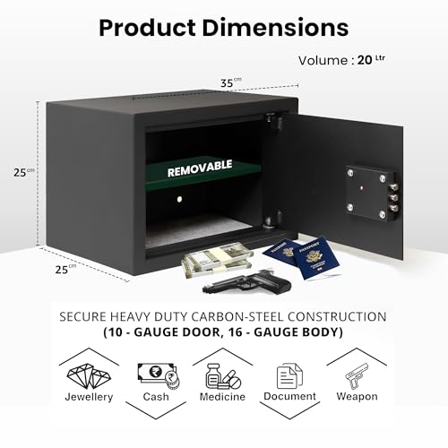 Image of Equal 20L Safe Locker for Home | Mechanical Key Lock - No Batteries Needed | 10-Gauge Steel Door | Pry-Resistant | 3 Year Warranty | 20 Litre - Matte Black