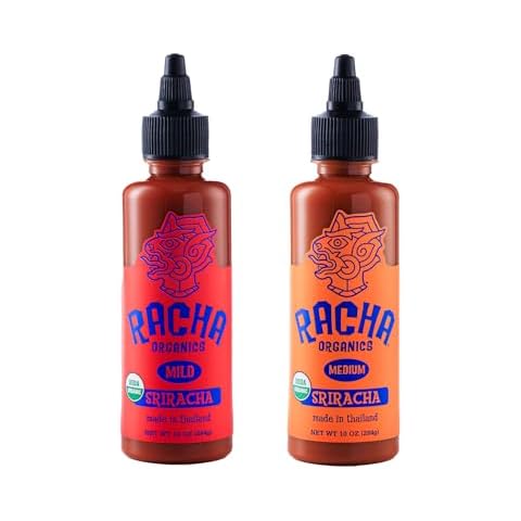 Racha Organics - MEDIUM Sriracha Sauce - USDA Certified Organic Hot Sauce 10oz (284 g) Easy Squeeze Bottle & Racha Organics - MILD Sriracha Sauce - USDA Certified Organic Hot Sauce 10oz (284 g) Cover
