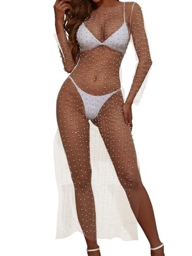 American Trends Women's Sheer Mesh Maternity Pearl Rhinestone Cover Up Dress Summer Sexy Coverups for Swimwear Bikini2