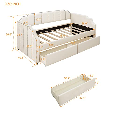 Elegant Velvet Upholstered Daybed,Twin Size Upholstered Daybed With Drawers And Rivets Decoration,Wooden Daybed With Wood Slat Support For Living Room (Beige-Upholstered Daybed) #TOP1