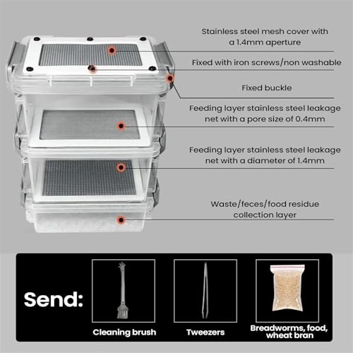 Mehlwurm Zuchtbox, 3 Lagige Mehlwürmer Lebend Aufzucht Box, Transparente Mehlwurmzucht Set mit Bildschirm Filter, Geruchsdicht Bauernhof Mehlwürmer Zuchtbox für Hühner, Echsen & Reptilien-3