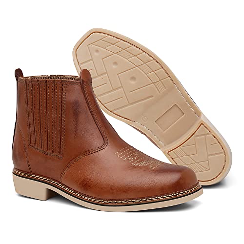 Bota Casual Masculina Botina Texana Cano Médio Bordada Couro Cor:Marrom;Tamanho:41
