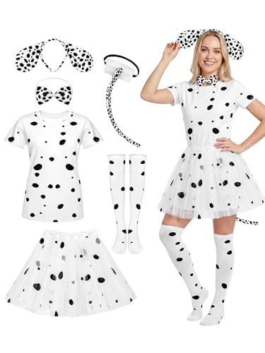 SOMSOC 6 Pieces Halloween Women Dalmatian Costume, Dalmatian Shirt Headband Tail Bowtie Sock Tutu Skirt for Adult