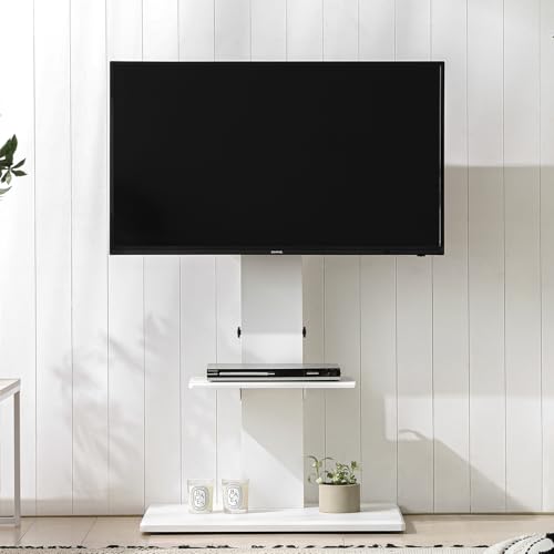 モダンデコ テレビスタンド 32〜70インチ対応 壁寄せ キャスター付き ハイタイプ 耐荷重80kg 棚板付き 高さ調節可能 上下&左右調節可能 首振り 転倒防止 (ホワイト)