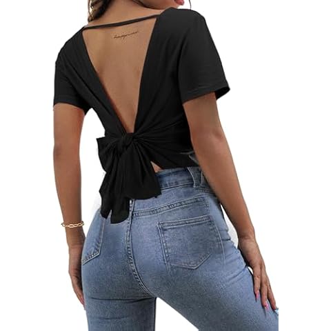 LilyCoco Backless Tops for Women Short Sleeve Sexy Crew Neck Tie Back Plain Shirt Black Large Cover