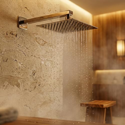 Image of ALTURAS Stainless Steel Square Overhead Shower Rain Shower Head for Bathroom With Arm (8in shower with 12in arm)