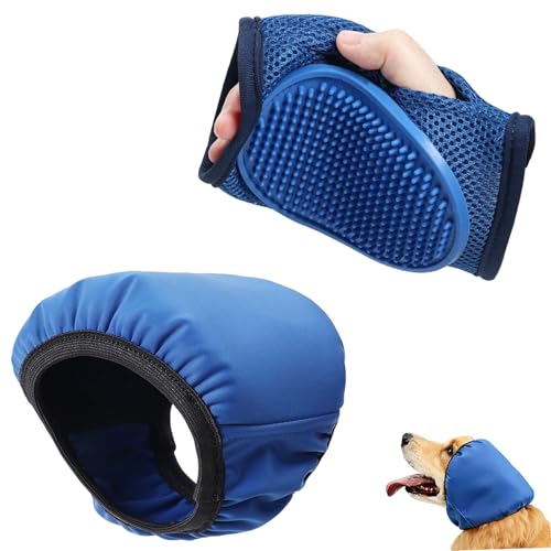 SSEISS 2 Pcs Pet Ear Muffs and Grooming Gloves, Swimming Waterproof Dog Ears Caps, Wearable Glove Design Shampoo Scrubber for Cat, Dehairing Brush for Most Cats, Dogs (S)