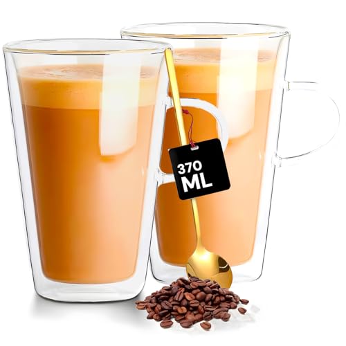 Avilia Set 2 Tazze da Cappuccino in Vetro 370ml - Manico Comodo e Sicuro - di Dimensioni 9,4x14,2cm Sono Ideali per Colazione o Pausa Caffè - Idonee al Microonde - Doppie Pareti per Isolamento Termico