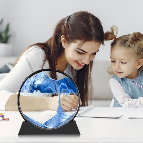 Image of Areycvk Liquid Motion Sand Art, Round Glass Moving Sand Art, Relaxing Desktop Home Office (7Inch-Blue)