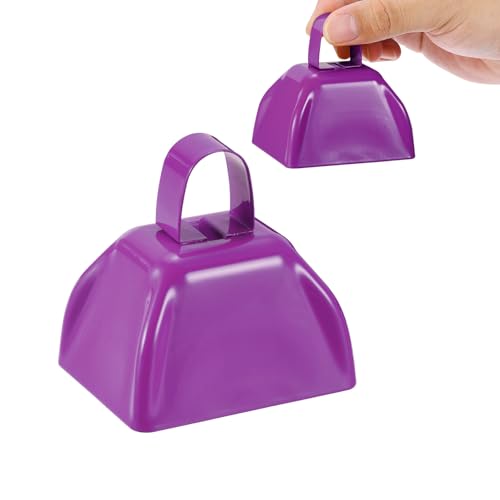PATIKIL 2pcs Cow Bells for Football Games, 3in Cowbells for Sporting Events Bulk Loud Noise Makers Metal Cow Bell with Handle for Cheering Competition Marathon Wedding, Blue Purple