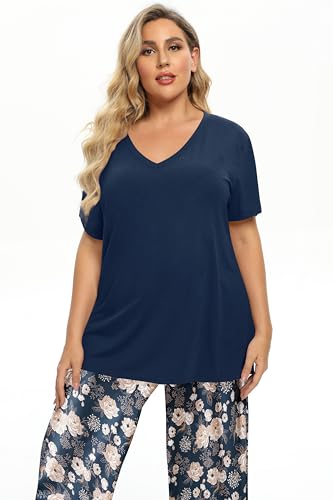 Image of Vozanet Women's V Neck Sexy Pajamas Capri Sets Mexican Style Floral Sleepwear 2PCS Totem Casual Nighty Plus Size M to 5XL