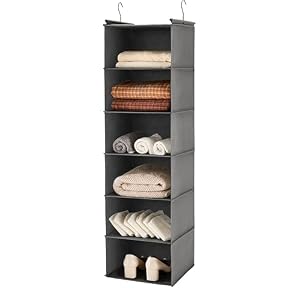 MAX Houser 6 Tier Shelf Hanging Closet Organizer, Closet Hanging Shelf with 2 Sturdy Hooks for Storage, Foldable (Grey)