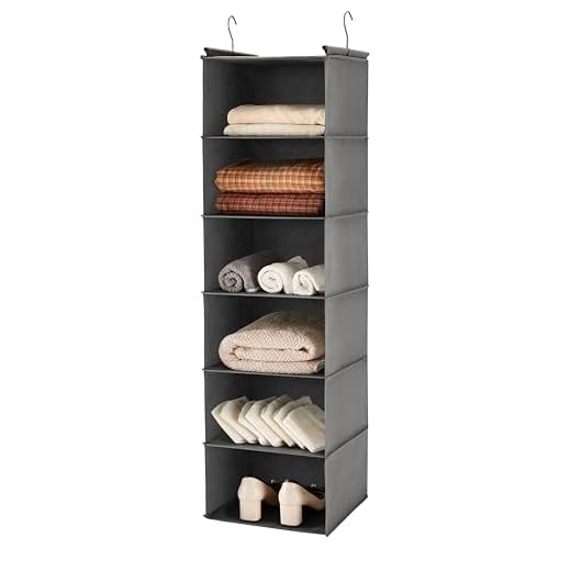 MAX Houser 6 Tier Shelf Hanging Closet Organizer, Closet Hanging Shelf with 2 Sturdy Hooks for Storage, Foldable (Grey)