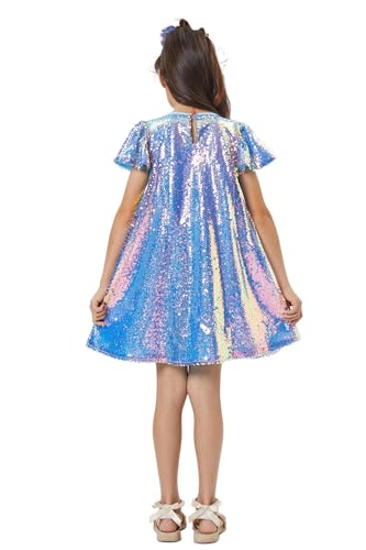 Girls Sequin Dress Shiny Short Flutter Sleeve Midi Sparkly Party Dress with Hairbow4