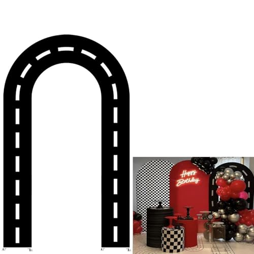 KONPON Black Racing Car Road U-Shaped Arched Fabric Backdrop Covers for Parties 7ft Racing Theme Open Arch Stand Cover Birthday Baby Shower Party Supplies(Only Cover)