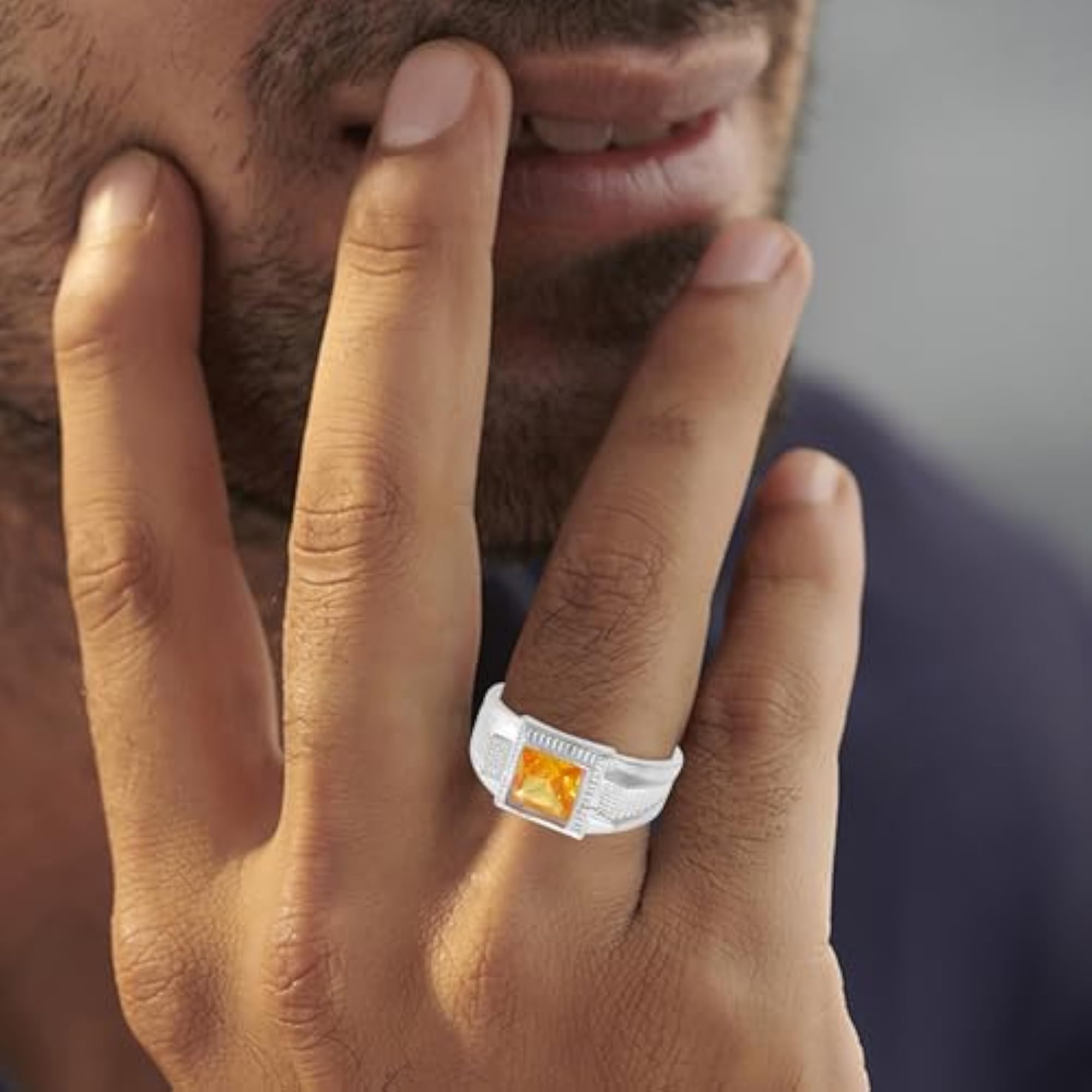 Brass Plated Square Orange Stone Ring for Men, Stylish Design