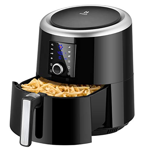 HABOR Friggitrice ad Aria 5,5L, 1300g Ricetta Italiano Isolamento Termico 1800W Friggitrice Senza Olio con Manopola e Touch Screen Cesta Antiaderente Senza PFOA [Classe di efficienza energetica A+++]