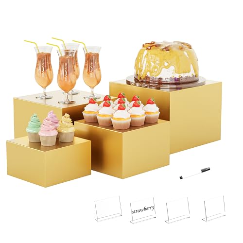 Metal Buffet Risers,4PCS Food Risers for Buffet Table 5in to 8in Display Stand with Mini Acrylic Signs for Catering Dessert Collectibles Jewelry Figures Show Gold Cube Boxes Nesting Risers with Hollow Bottoms