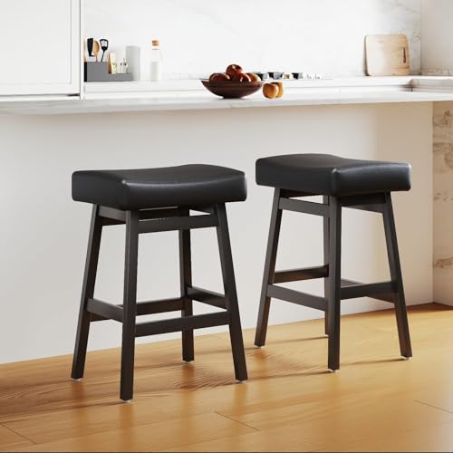Butacos de altura para barra de 26 pulgadas, juego de 2 unidades, sin respaldo, asiento tipo silla de montar con tapizado en cuero sintético, estilo moderno para isla de cocina, comedor o bar en casa (Negro) miniatura 1