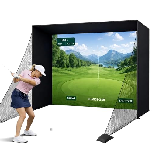 CAMINI Indoor Golf Simulator Enclosure 10×8 ft / 14×8.5 ft – Aluminum Frame, HD Impact Screen & Safety Nets for Home Golf Practice Studio