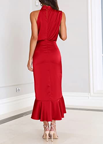Image of KIRUNDO Women's Summer Satin Mock Neck Wedding Guest Dress