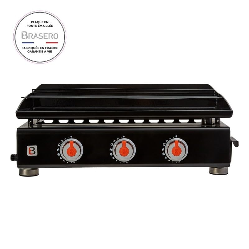 BRASERO BY FAVEX - Plancha Silvia IIG 3 Feux - Plaque fonte émaillée 6 mm Fabriquée en France - 7,5 kW - Surface de cuisson 67 x 34 cm - Jusqu'à 10 convives - Noir