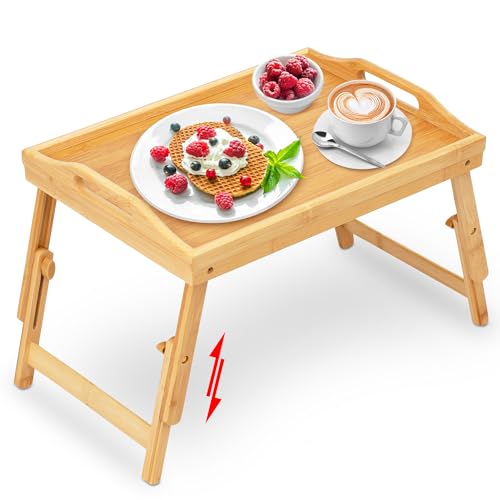 Mayyol Breakfast Bed Tray for Eating - Raised Food Table Up to 9.5" on Lap Sofa - Adjustable Bamboo Serving Tray - Portable Snack Platter with Folding Legs Ideal for Bedroom Picnic