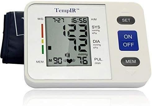 Upper Arm Digital Blood Pressure Monitor with Voice Output, Robust, Professional, Digital. Adjustable Cuff. Pulse Diastolic Systolic and Hypertension Level. Time, Date, Memory CE Approved. By TempIR