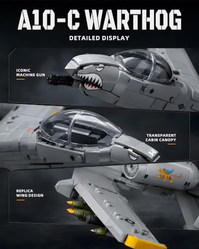 iWonders A-10 Thunderbolt II Warthog Fighter Jet Building Blocks Set, Cold War Attack Aircraft Model Plane w/Opening Cockpit Retractable Landing Gear Display Stand, Kids Gifts Ages 6+ - Image 4
