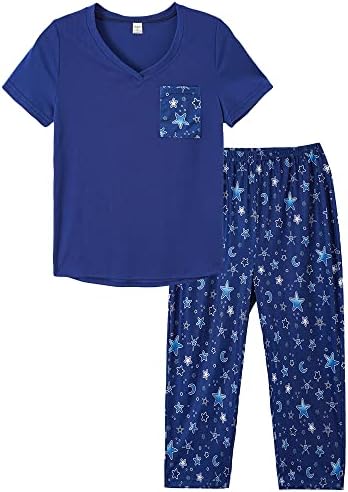 HONG HUI Women's Capri Pajama Sets Plus Size Pjs Top with Capri Pants V-neck 2 Piece Sleepwear Set,2XL
