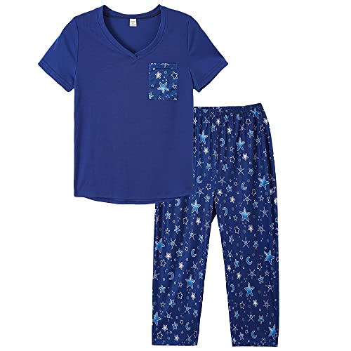 Hong Hui Women's Capri Pajama Sets Plus Size Pjs Top With Capri Pants V-Neck 2 Piece Sleepwear Set,2Xl #TOP14