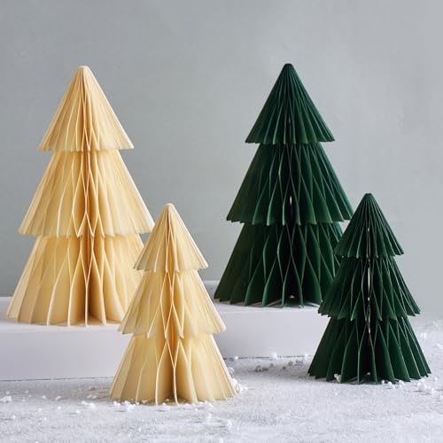 Homarkable 4 árvores de Natal de papel, decorações de Natal de papel, árvores de papel de Natal de favo de mel 3D, decorações de festa de Natal, férias de Natal, centro de mesa de Natal